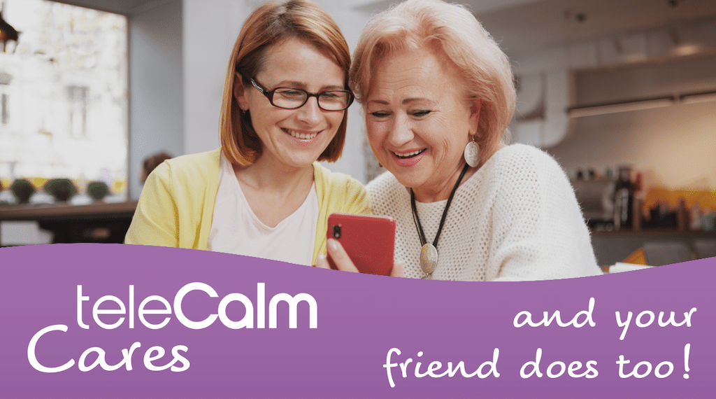 friend showing teleCalm's Caregiver app to another friend